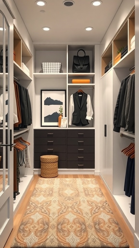 A minimalist and elegant walk-in closet with organized clothing, accessories, and decorative elements.