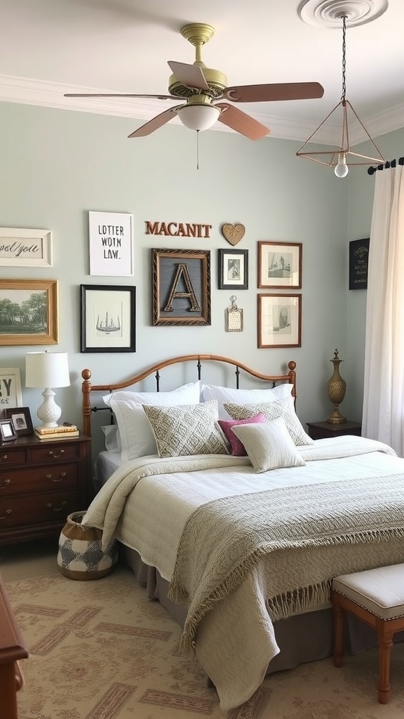 A cozy Southern-style bedroom featuring personalized wall art, layered bedding, and decorative accents.