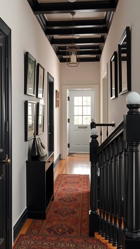 A stylish hallway with a black bannister, framed artwork, a runner rug, and a pendant light.