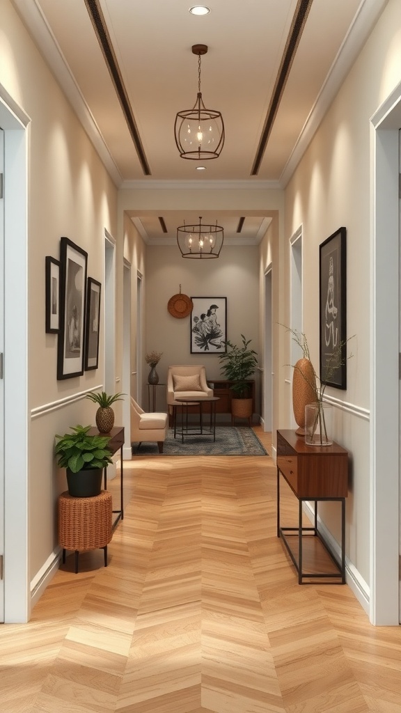 A stylish bungalow hallway featuring wooden flooring, framed artwork, plants, and elegant lighting.