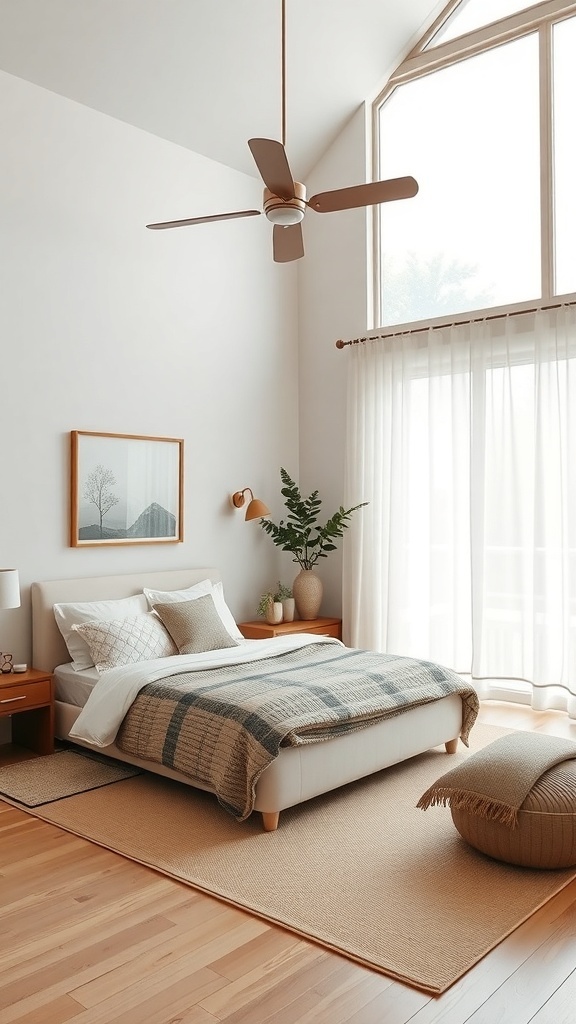 A serene Japandi bedroom with large windows, cozy bedding, and minimal decor.