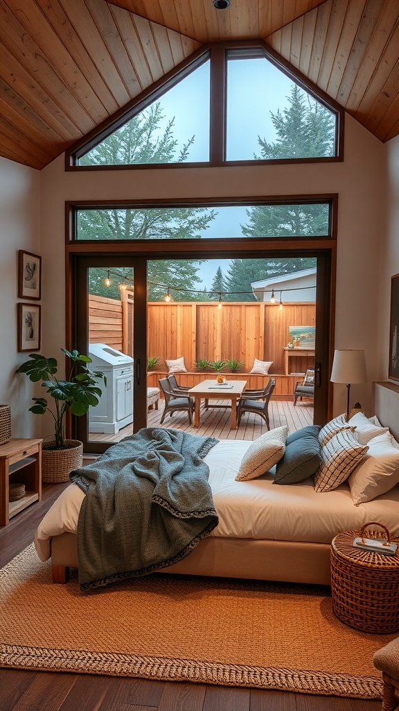 A cozy farmhouse bedroom featuring a wooden ceiling, a comfortable bed with a blanket, and a view of a deck with plants.