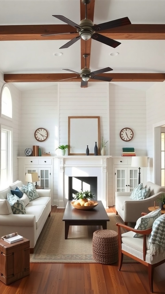 Cozy farmhouse living room with white sofas, wooden beams, and decorative elements.