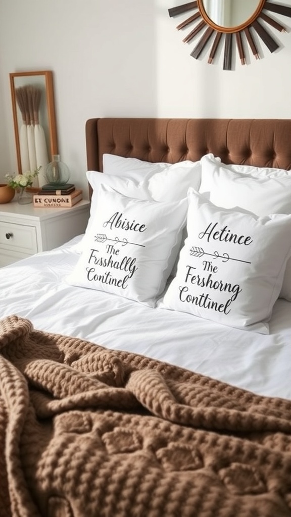 Two custom pillows on a bed with a brown blanket and a decorative mirror in the background.
