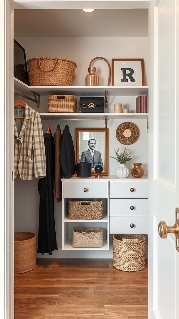 A stylish and organized closet featuring baskets, framed art, and clothing.