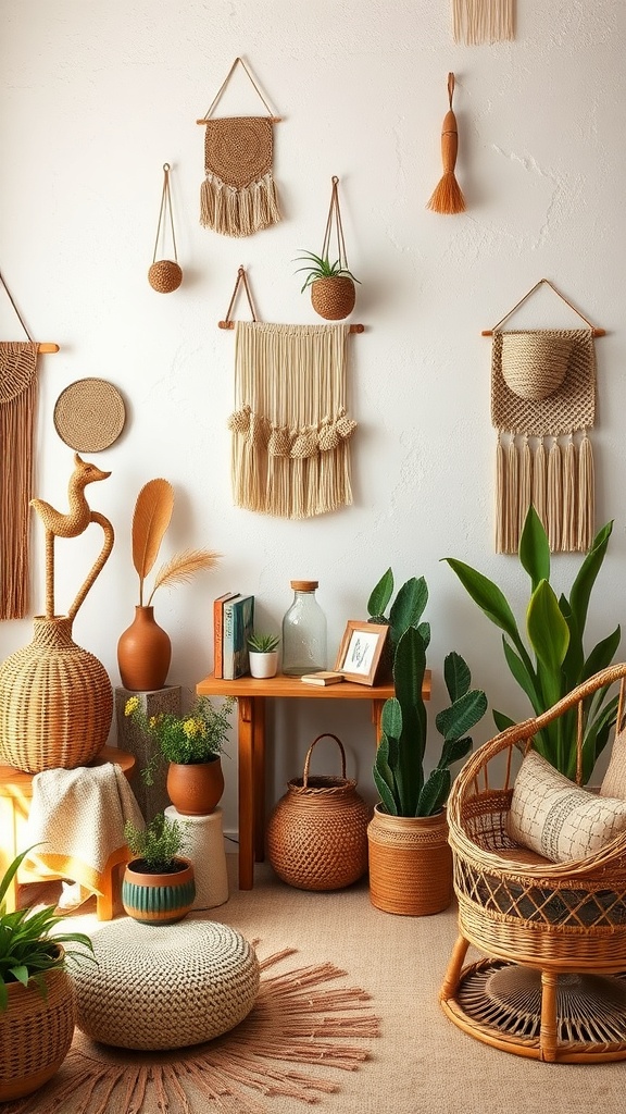 A cozy boho chic room featuring earthy tones, woven wall hangings, plants, and natural materials.