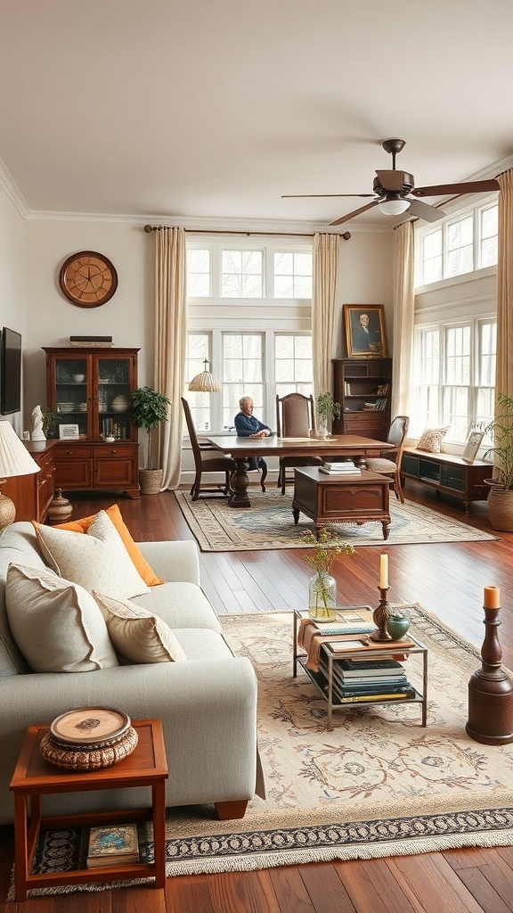 Cozy living room with family heirlooms, wooden furniture, and natural light.