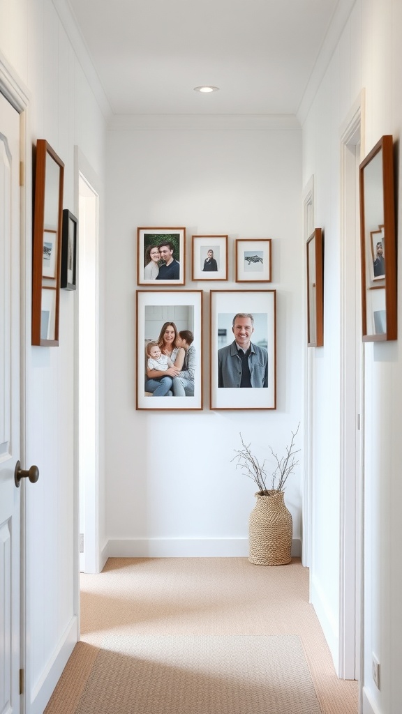 A hallway with framed family photos on the wall and a decorative vase.