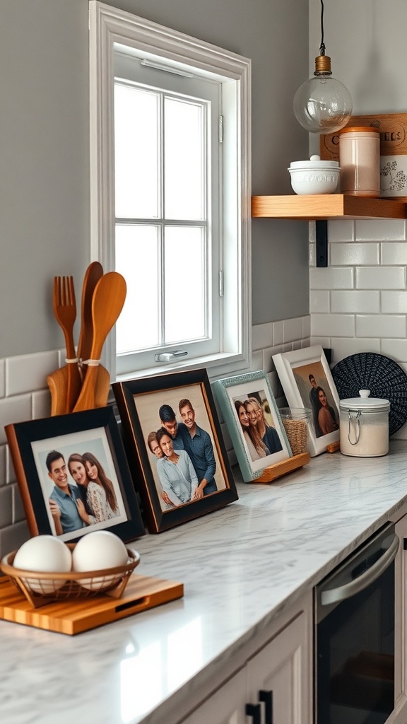 Kitchen countertop with family photos in frames, wooden utensils, and decorative items.