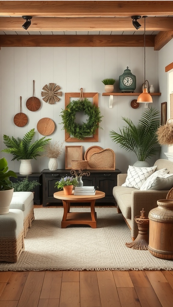 Cozy living room with handmade decor, featuring wooden accents and greenery.
