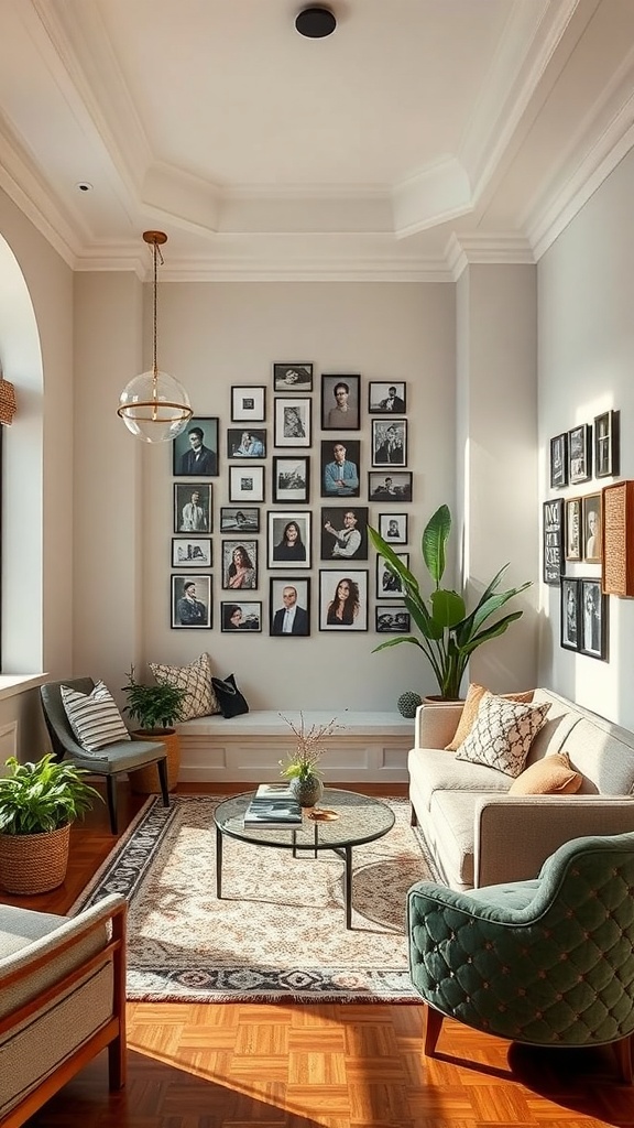 Cozy sunken lounge with personalized photo gallery, soft lighting, and comfortable seating.