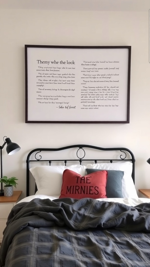 A cozy dorm bed with personalized wall art above it, featuring unique text in a stylish frame.