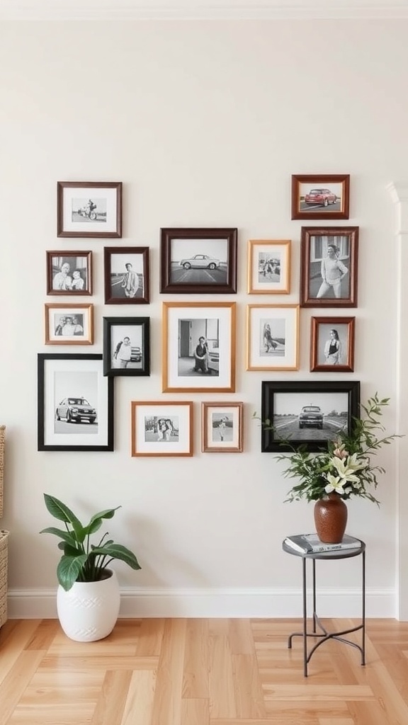 Gallery wall with framed black-and-white photos and a decorative plant