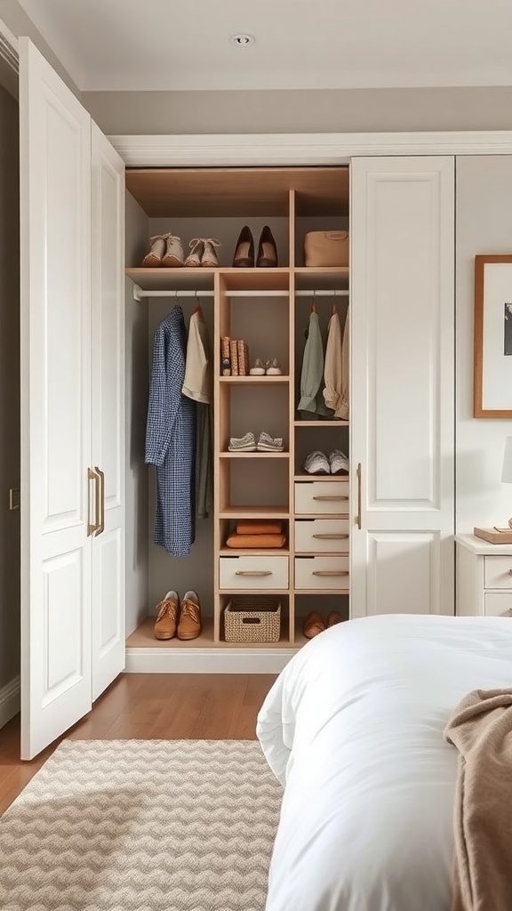 A well-organized built-in wardrobe in a small bedroom, featuring hanging space and shelves for clothes and accessories.