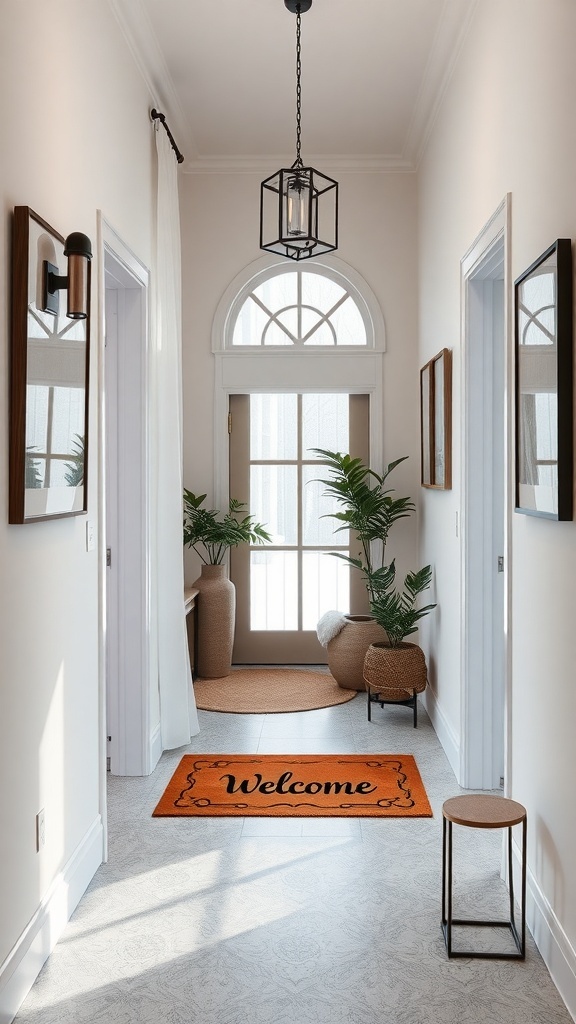 A narrow hallway with a personalized welcome mat that says 'Welcome', featuring plants and a stylish light fixture.