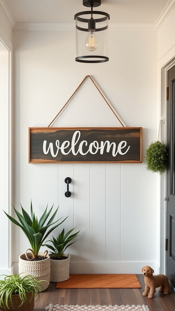 A personalized welcome sign hanging in an entryway with plants and a cozy atmosphere.