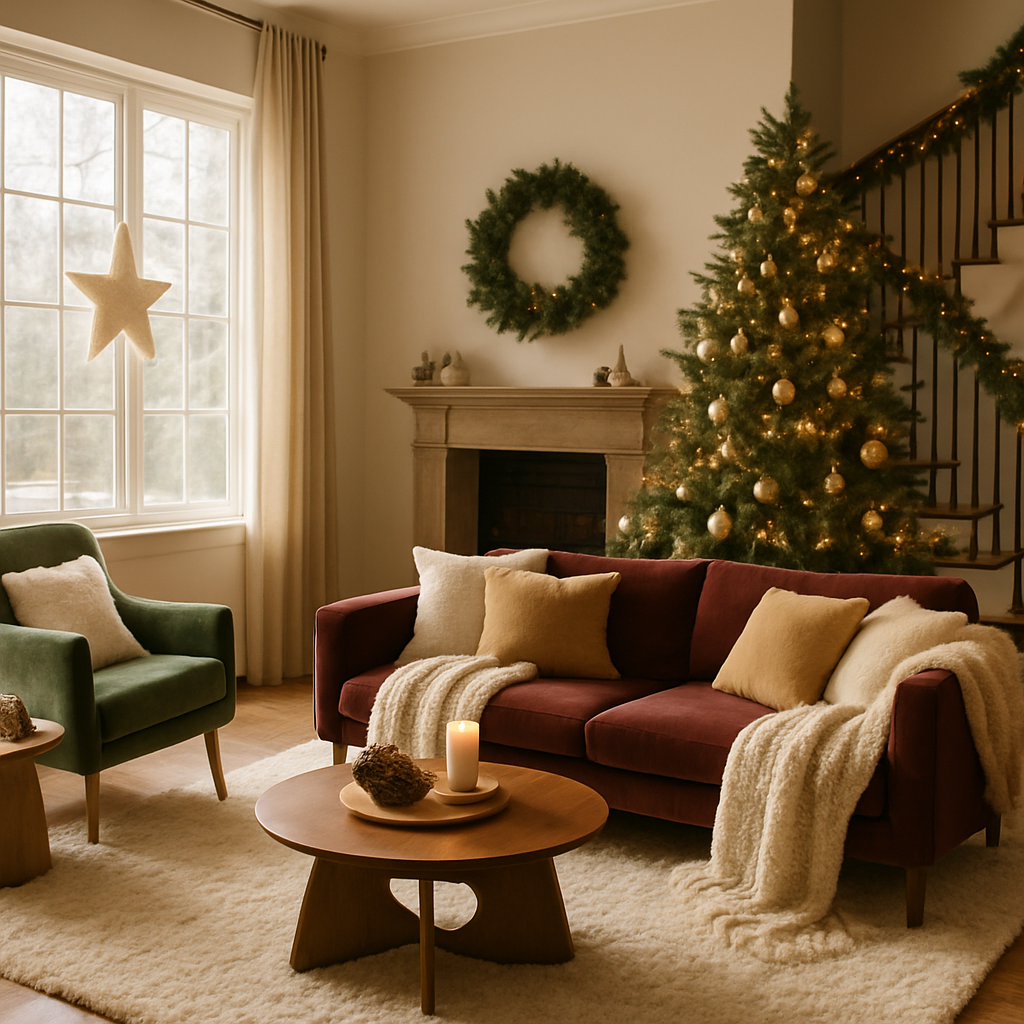 Gemütliches Wohnzimmer mit Weihnachtsbaum, Sessel und Sofa