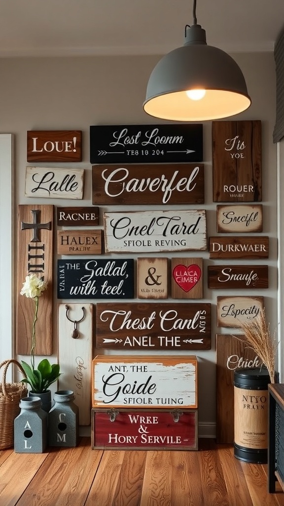 A collection of personalized wooden signs with various designs and messages, displayed on a wall.