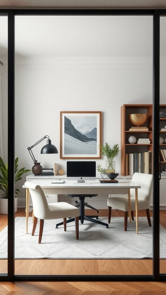 A modern home office featuring a sleek desk, comfortable chairs, and decorative elements like plants and artwork.