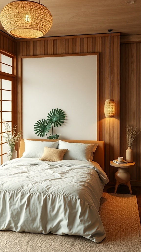 A serene Japandi style bedroom with a cozy bed, wooden accents, and natural decor.