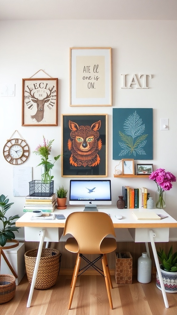 A stylish workspace featuring a mix of DIY art projects, including colorful framed illustrations and decorative plants.