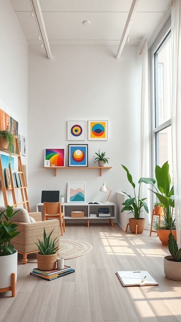 A bright living room with colorful DIY art on the walls, plants, and cozy furniture.