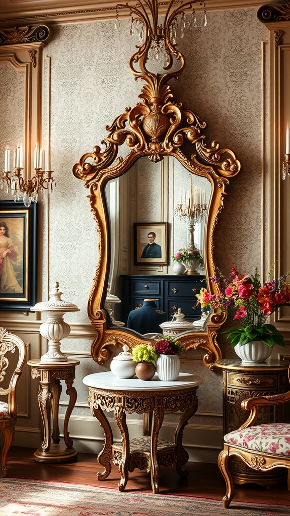 A beautifully decorated vintage Rococo interior featuring ornate gold mirrors and elegant furniture.