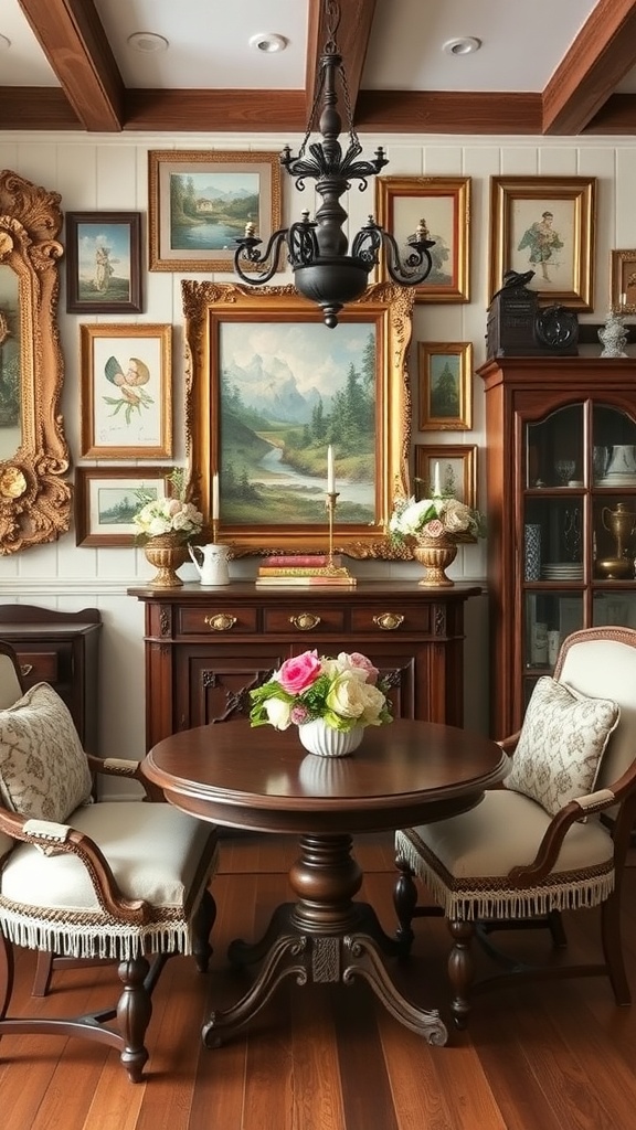 Cozy vintage dining area with framed artwork and elegant furniture