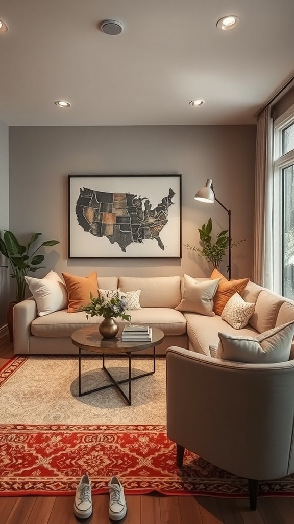 A cozy lounge area featuring a large map art piece, a light-colored couch with colorful pillows, a round coffee table, and plants.