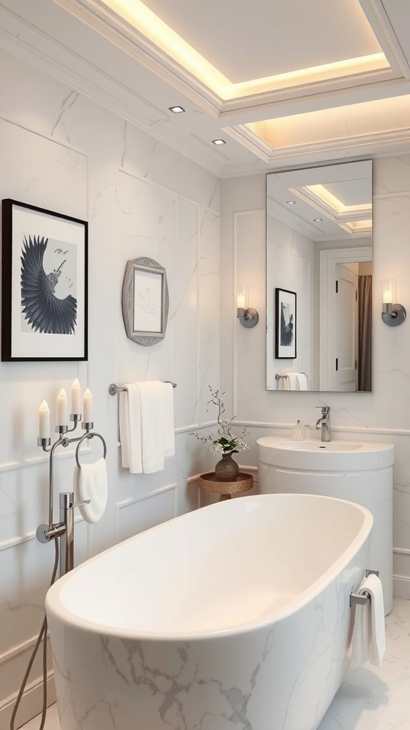 Luxuriöses Badezimmer mit Marmorwänden, freistehender Badewanne und stilvoller Dekoration