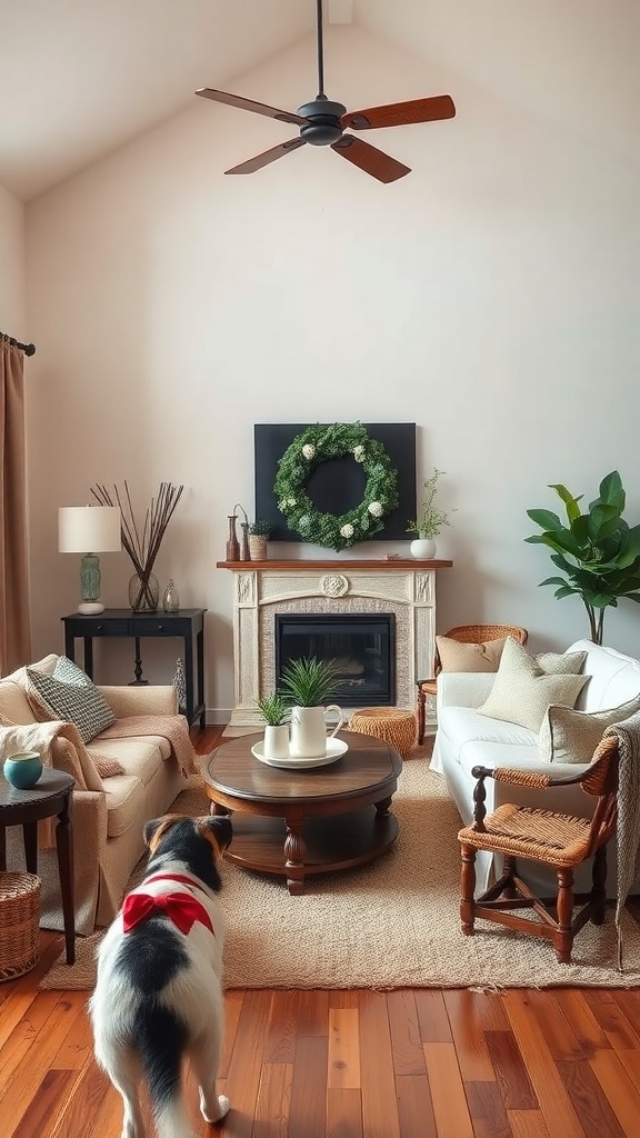 A cozy living room featuring a dog with a red bow, comfortable seating, and a warm atmosphere.