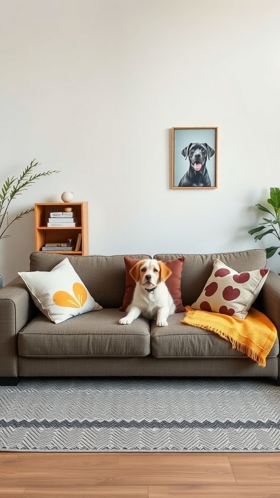 A cozy pet-friendly lounge with a brown sofa, colorful pillows, and a dog sitting comfortably on the couch.