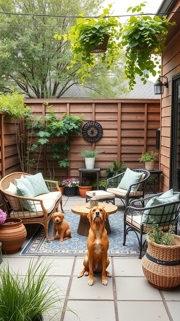 A cozy pet-friendly patio with two dogs, comfortable seating, and greenery.