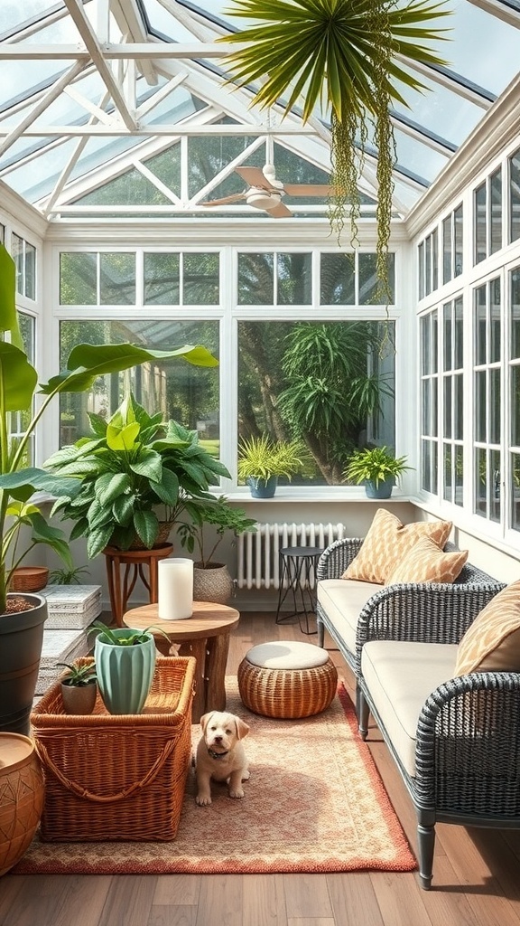 A cozy conservatory filled with plants and a playful puppy, showcasing a pet-friendly environment.