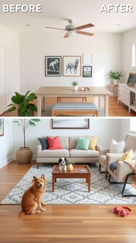 Before and after image of a pet-friendly living room makeover, showcasing a vibrant and stylish space.
