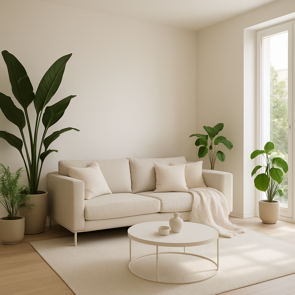 Minimalistisches Wohnzimmer mit großen Pflanzen und hellem Sofa