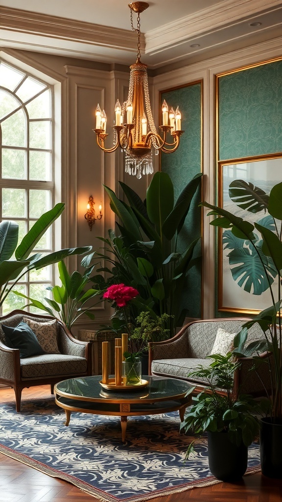 Ein elegantes Wohnzimmer im Art Deco-Stil mit Pflanzen, einem runden Tisch und einer stilvollen Beleuchtung.