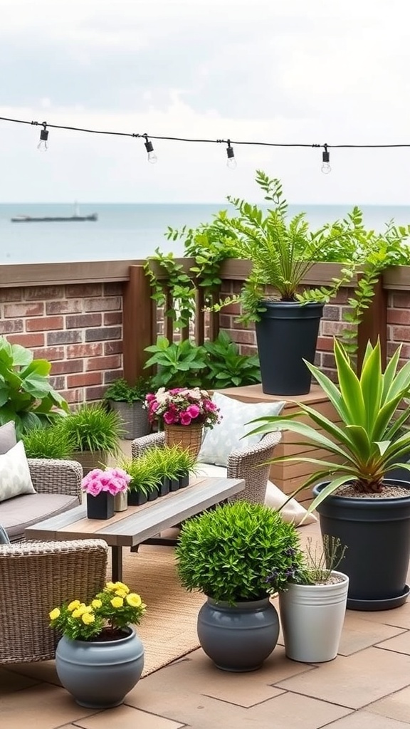 Outdoor Lounge mit verschiedenen Pflanzenarrangements und gemütlichen Möbeln