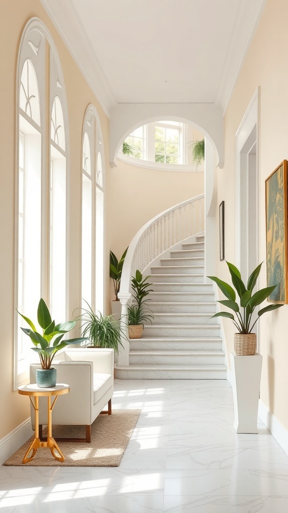 Heller Flur mit Pflanzenarrangements und Treppe