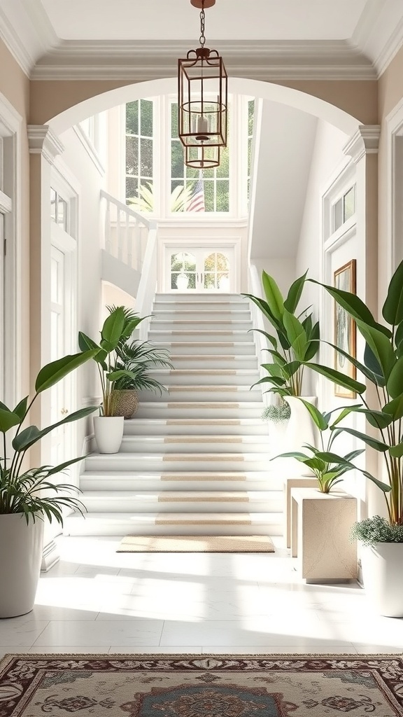 Heller Eingangsbereich mit großen Pflanzen und einer Treppe