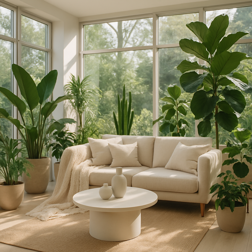 Ein moderner Wintergarten mit verschiedenen Pflanzen, einem gemütlichen Sofa und viel Tageslicht.