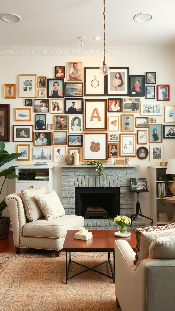 A cozy living room featuring a photo collage wall with various framed pictures.