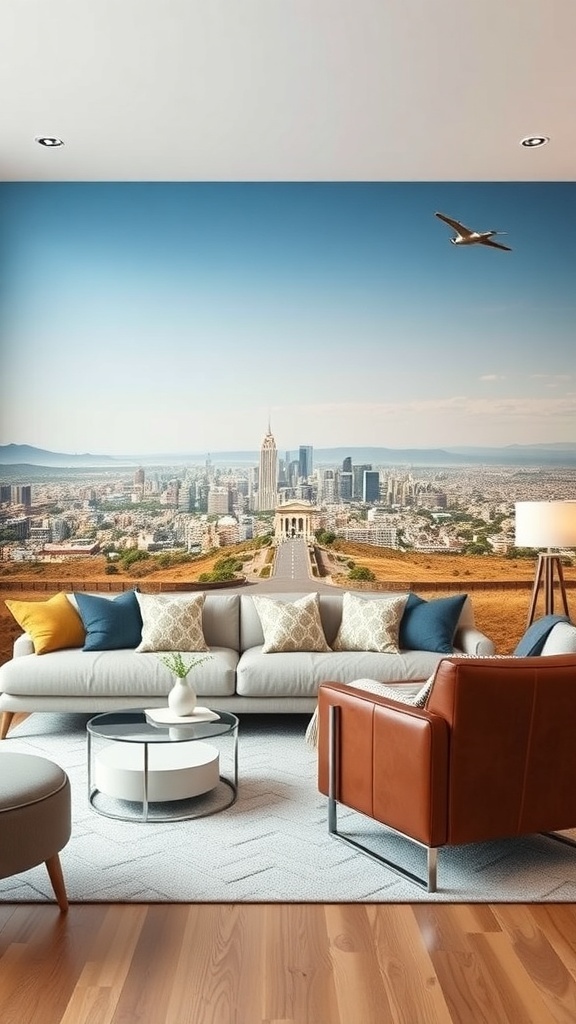 Cozy living room featuring a large photo mural of a city skyline