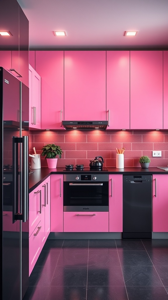 Modern pink kitchen with black appliances and sleek design