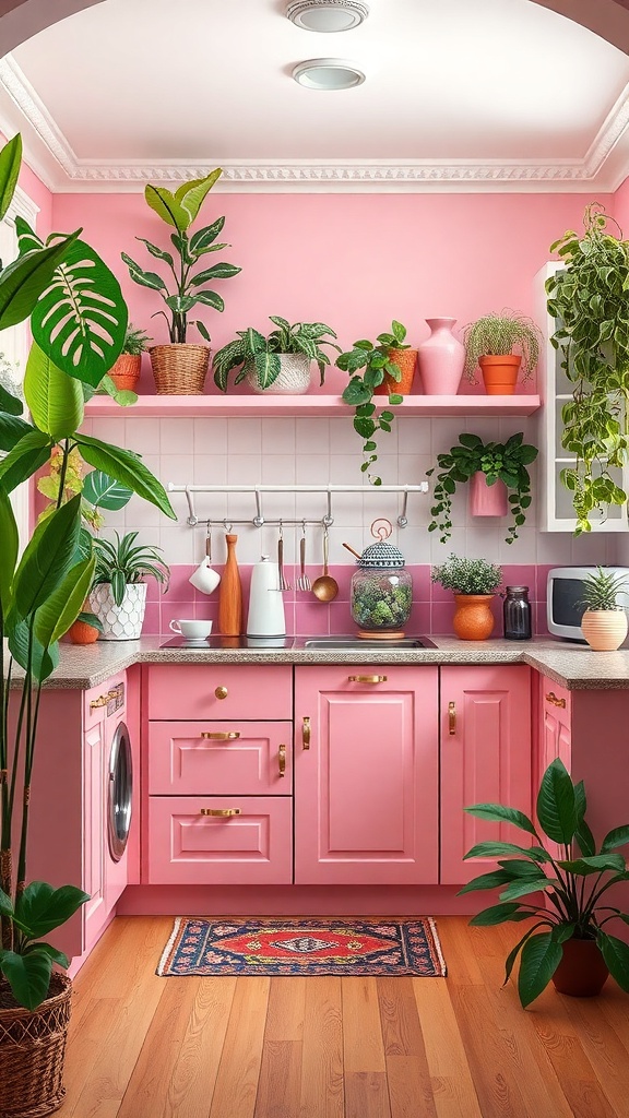 Modern pink kitchen with green plants and vibrant decor