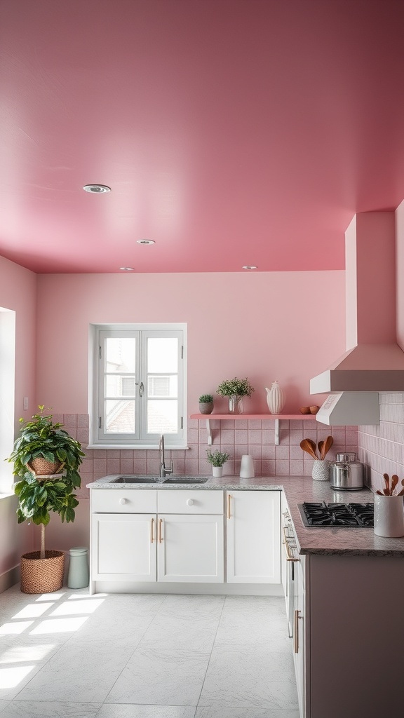 Modern pink kitchen with a pink ceiling and white cabinetry