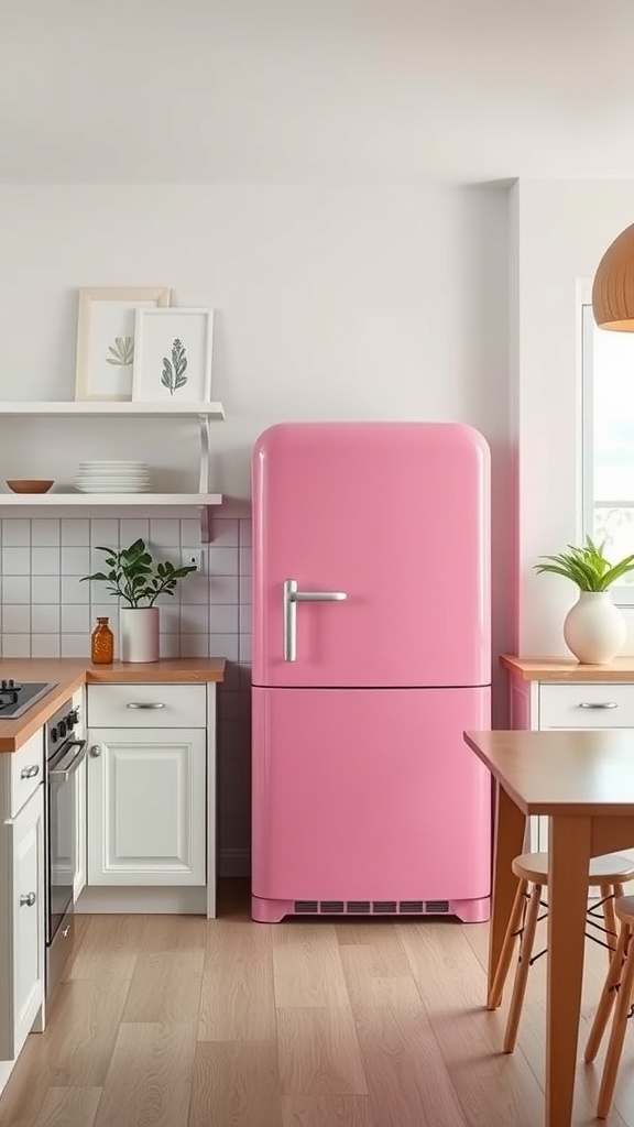 Modern pink fridge in a stylish kitchen setting