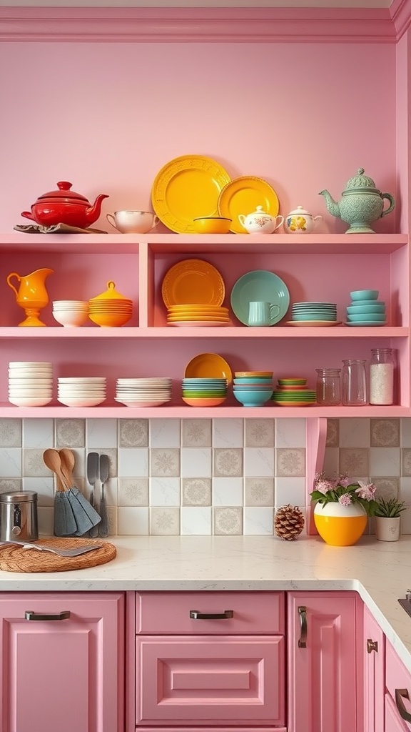 Modern pink kitchen with open shelving displaying colorful dishes and decor.