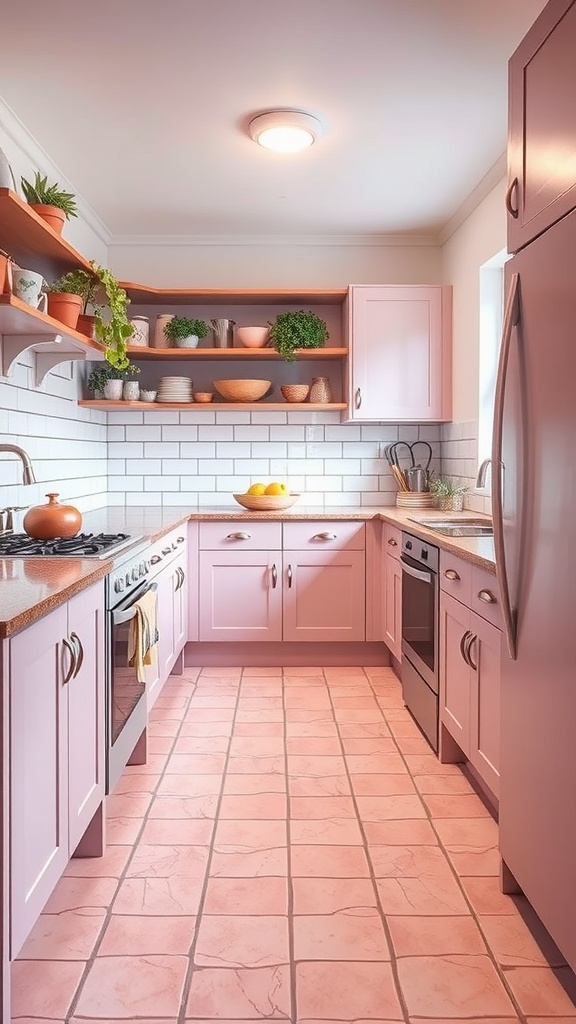 Modern pink kitchen with pink tile floors and pastel decor