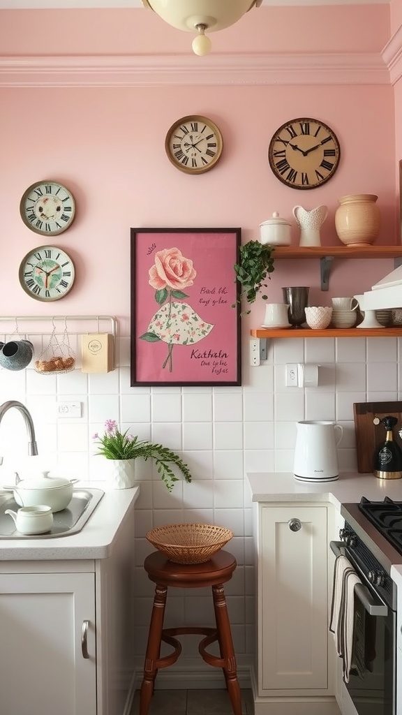 A cozy pink kitchen featuring vintage wall art, including a floral print and decorative clocks.